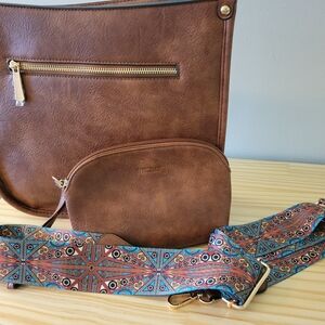 Brown Crossbody Bag with Patterned Strap